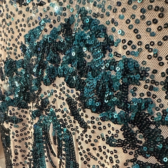 Elegant Sheer Illusion Gown with Teal Sequin Accents - Picture 3 of 11